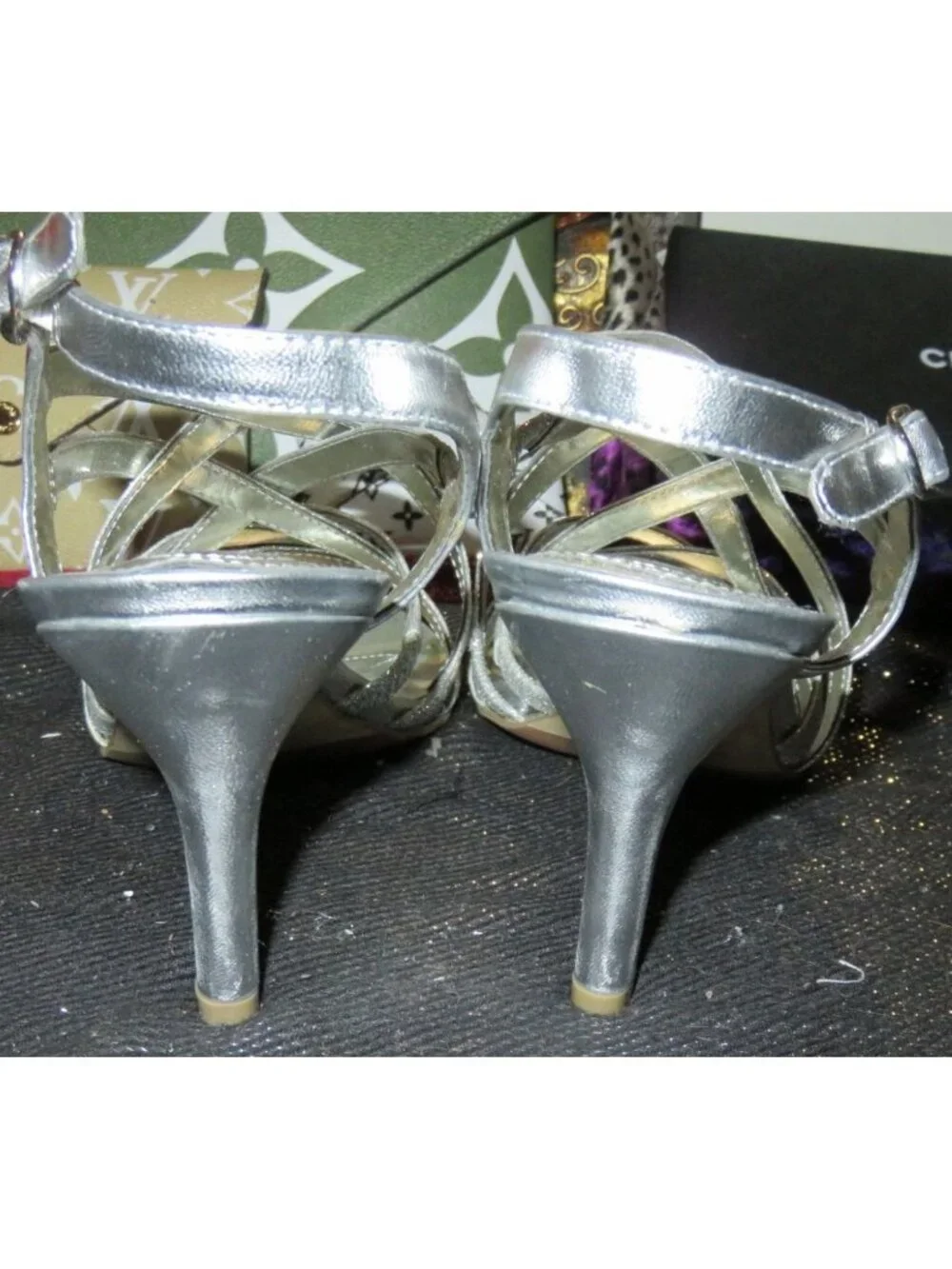 Alfani Alisa Metallic Silver Italian Leather Open Toe Glitter Slingback Heel 8.5
